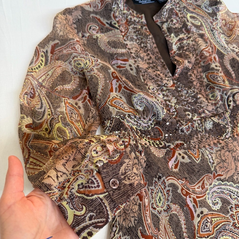 Whimsi Y2K New 100% Silk Paisley Beaded Blouse Size M Boho Festival - Picture 3 of 6
